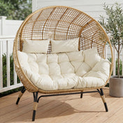 2-Person Lounge Chair, Wicker with Steel Frame and Cushions, Beige