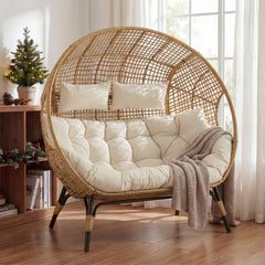 2-Person Lounge Chair, Wicker with Steel Frame and Cushions, Beige