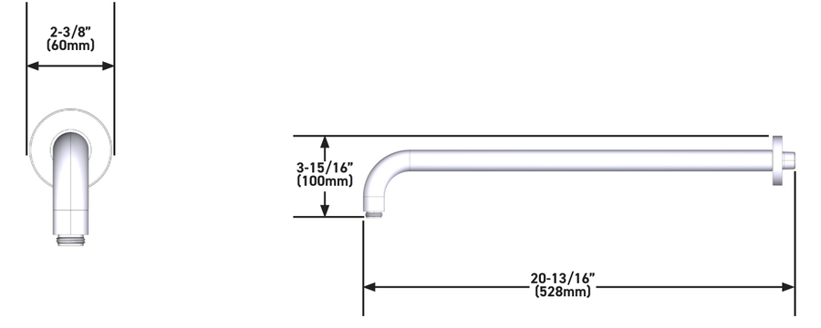 Dimensions | 20" Wall Mount Shower Arm, Polished Nickel manufacturer specification drawing with dimensions