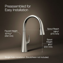 Kohler Graze Pull-Down Single Handle Kitchen Faucet With Three-Function Sprayhead With Accessories in Polished Nickel | product photo