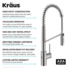 Oletto Touchless Sensor Commercial Pull-Down Single Handle Kitchen Faucet with QuickDock Top Mount Assembly in Stainless Steel | product photo