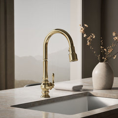 Kohler Artifacts Touchless Pull Down Kitchen Sink Faucet with Three-Function Sprayhead in Vibrant French Gold | product photo