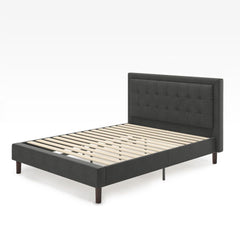 Platform Bed, King Size, Button-Tufted Headboard, Light Gray Upholstery