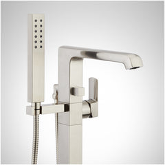 Sefina Freestanding Tub Faucet with Hand Shower and Rough-In Valve with Stops, Brushed Nickel | product photo