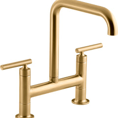 Kohler Purist Two-Hole Deck-Mount Bridge Kitchen Sink Faucet in Vibrant Brushed Moderne Brass | product photo