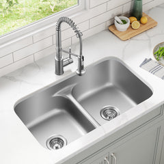 Premier 32-in L 18 Gauge Undermount 50/50 Double Bowl Stainless Steel Kitchen Sink and Commercial Style Pull Down Faucet in Spot-Free Stainless Steel in Satin | product photo