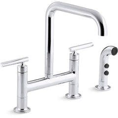 Kohler Purist Two Handle Deck-Mounted Bridge Kitchen Sink Faucet with Pull Out Side Sprayer in Polished Chrome | product photo
