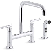 Purist Two Handle Deck-Mounted Bridge Kitchen Sink Faucet with Pull Out Side Sprayer in Polished Chrome