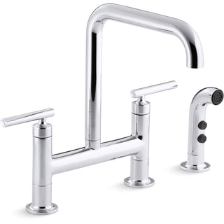 Purist Two Handle Deck-Mounted Bridge Kitchen Sink Faucet with Pull Out Side Sprayer in Polished Chrome
