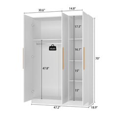 3-Door Armoire with Hanging Rod in White Solid and Manufactured Wood