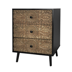 3 Drawer Cabinet, Manufactured Wood, Hand-Carved Solid Wood Drawer Fronts