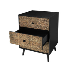 3 Drawer Cabinet, Manufactured Wood, Hand-Carved Solid Wood Drawer Fronts