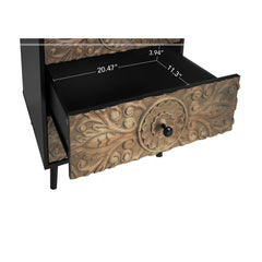 3 Drawer Cabinet, Manufactured Wood, Hand-Carved Solid Wood Drawer Fronts
