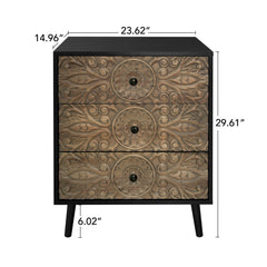 3 Drawer Cabinet, Manufactured Wood, Hand-Carved Solid Wood Drawer Fronts