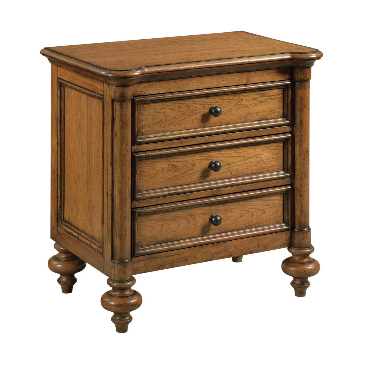 3-Drawer Chest, Rubberwood and Hickory Veneer, Cognac Finish, Pewter Hardware