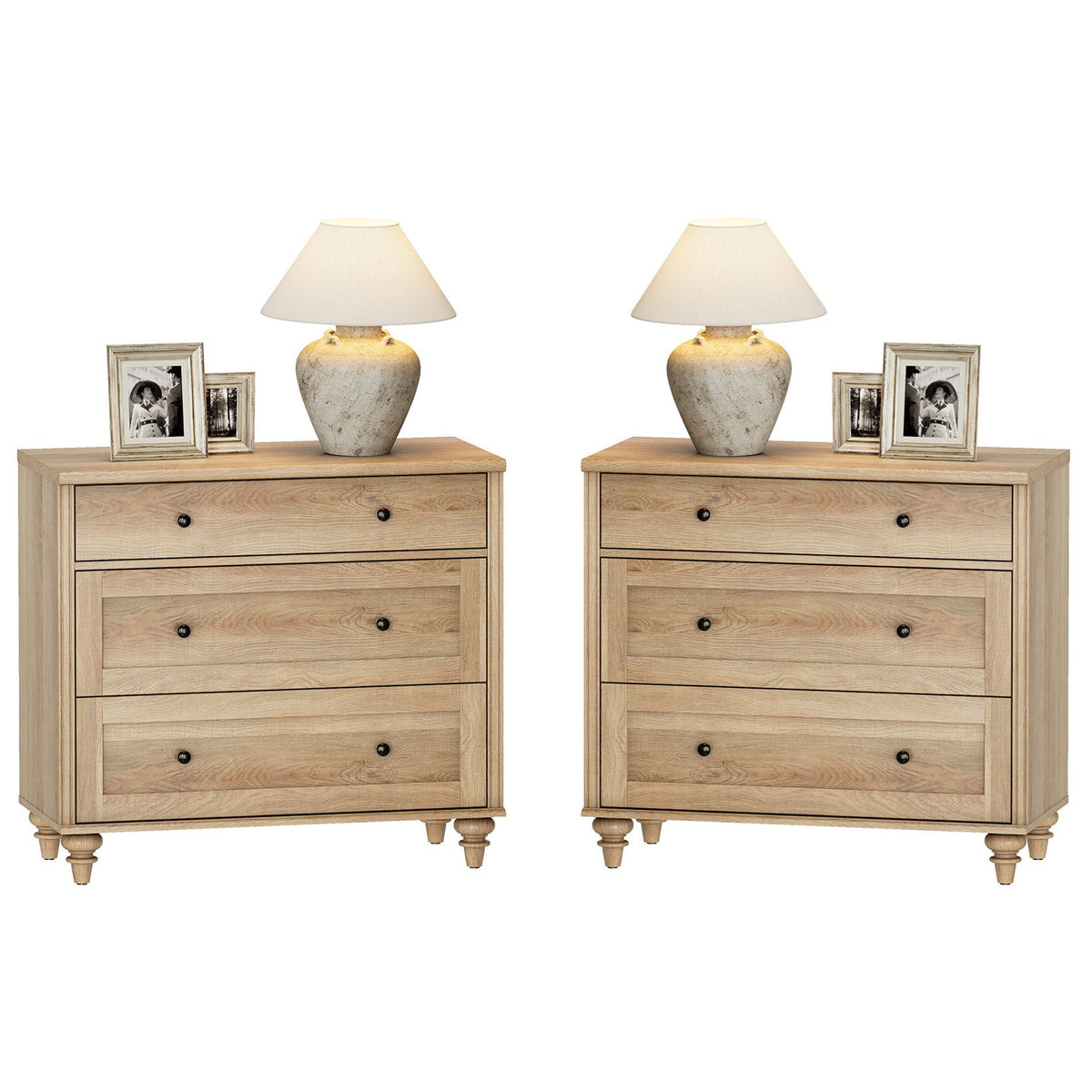 3-Drawer Chests, Set of 2, Oak with Gourd Legs