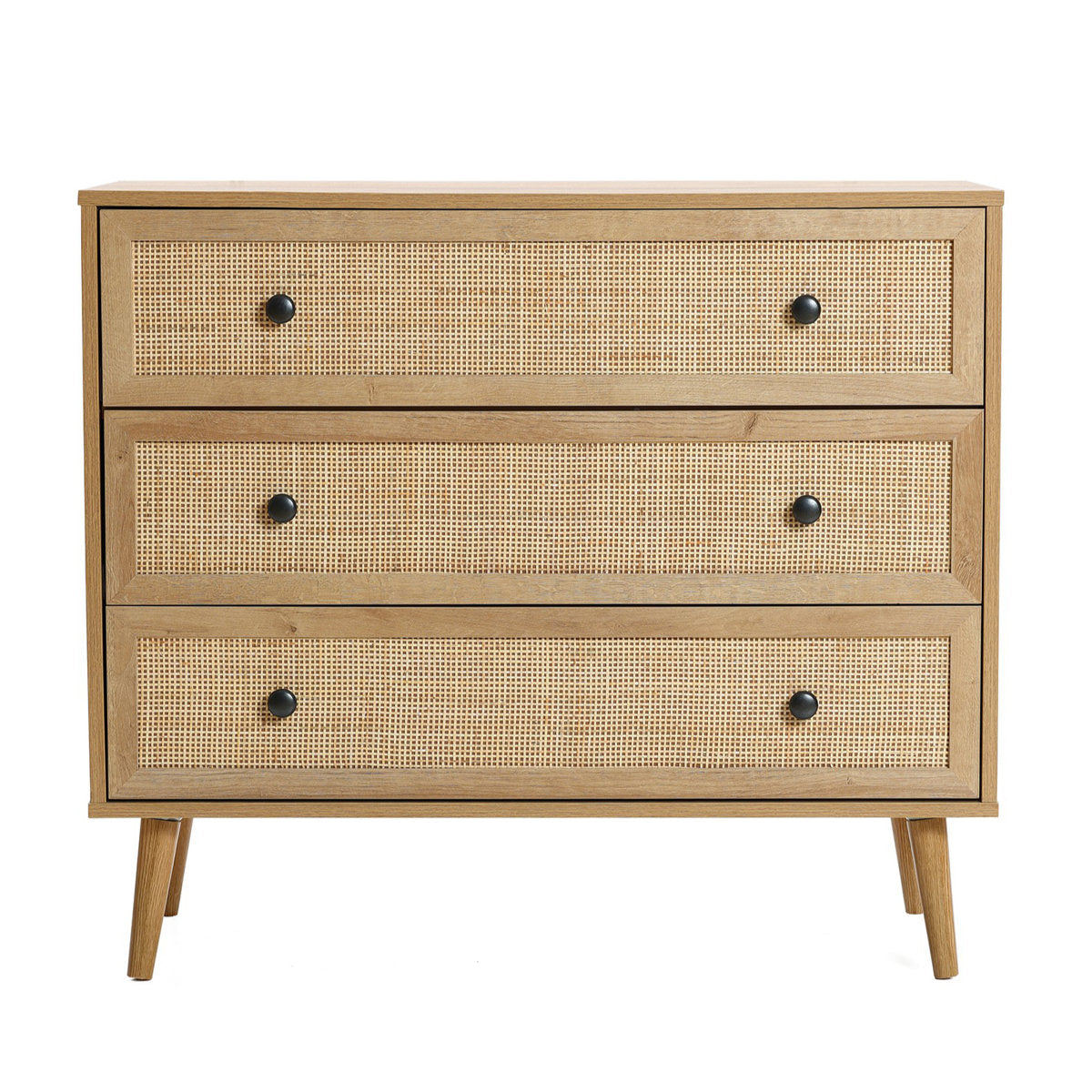 3-Drawer Dresser, Brown Manufactured Wood with Woven Rattan Drawer Fronts