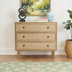 3-Drawer Dresser, Brown Manufactured Wood with Woven Rattan Drawer Fronts