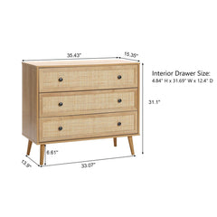 3-Drawer Dresser, Brown Manufactured Wood with Woven Rattan Drawer Fronts