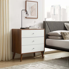 3-Drawer Dresser Chest, Walnut Grain Laminate, White Lacquer Fronts, Wood Legs