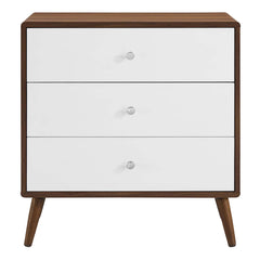 3-Drawer Dresser Chest, Walnut Grain Laminate, White Lacquer Fronts, Wood Legs