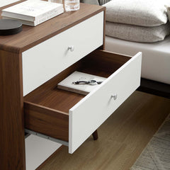 3-Drawer Dresser Chest, Walnut Grain Laminate, White Lacquer Fronts, Wood Legs