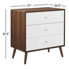 3-Drawer Dresser Chest, Walnut Grain Laminate, White Lacquer Fronts, Wood Legs