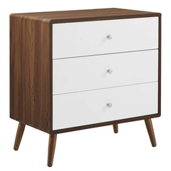 3-Drawer Dresser Chest, Walnut Grain Laminate, White Lacquer Fronts, Wood Legs