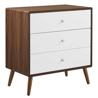 3-Drawer Dresser Chest, Walnut Grain Laminate, White Lacquer Fronts, Wood Legs