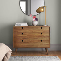 3-Drawer Dresser in Rubberwood and MDF with Tapered Legs, Oak