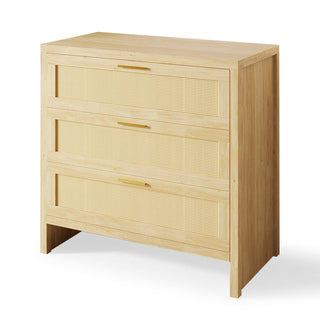 3-Drawer Dresser, Manufactured Wood and Rattan, Natural Color, Gold Metal Knobs