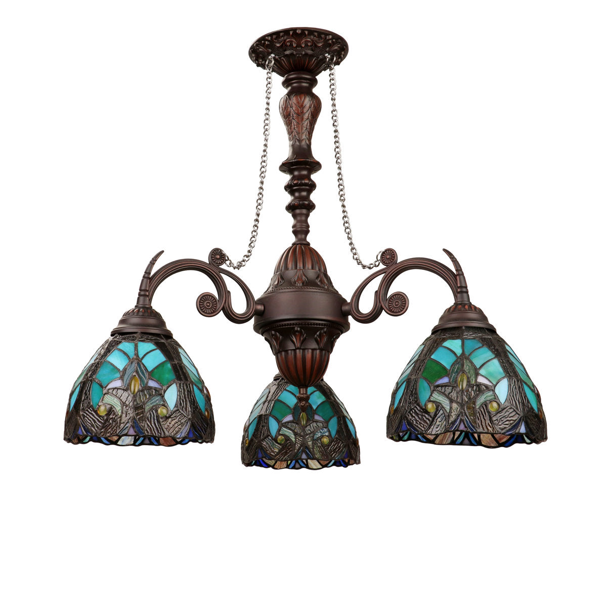 3-Light Chandelier with Green Stained Glass Shades in Antique Dark Bronze