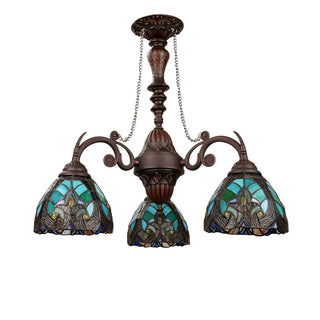 3-Light Chandelier with Green Stained Glass Shades in Antique Dark Bronze