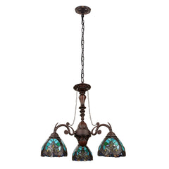 3-Light Chandelier with Green Stained Glass Shades in Antique Dark Bronze
