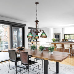 3-Light Chandelier with Green Stained Glass Shades in Antique Dark Bronze