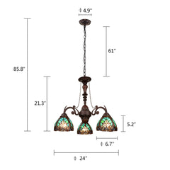 3-Light Chandelier with Green Stained Glass Shades in Antique Dark Bronze