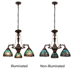 3-Light Chandelier with Green Stained Glass Shades in Antique Dark Bronze