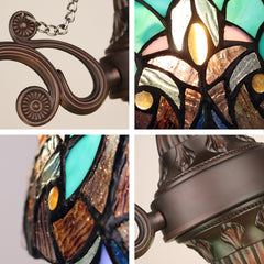3-Light Chandelier with Green Stained Glass Shades in Antique Dark Bronze