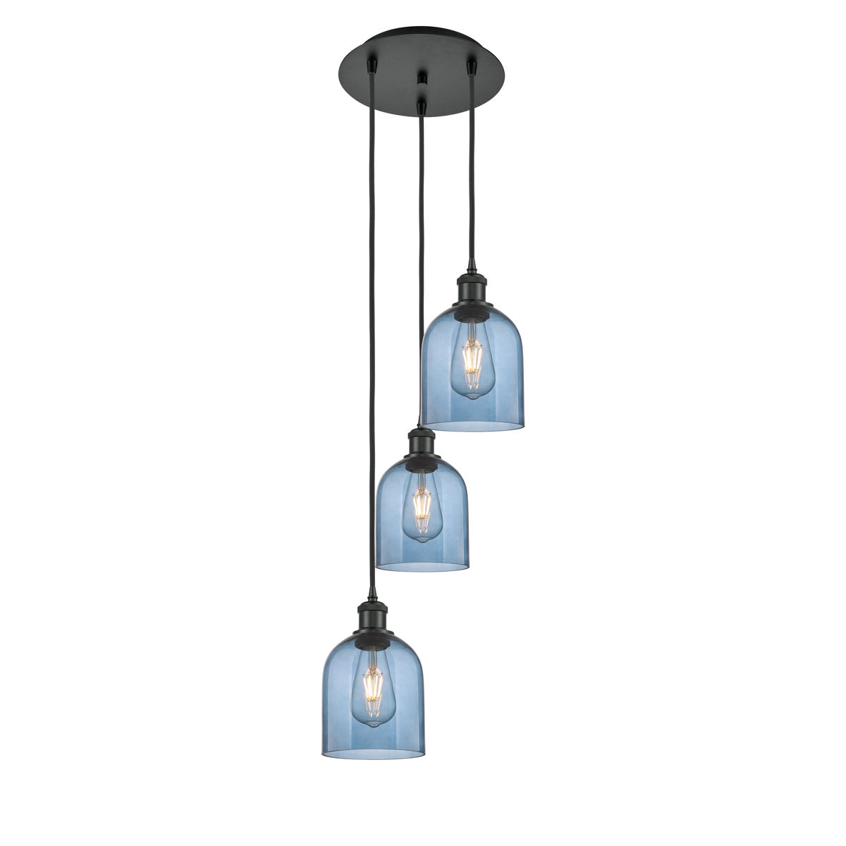 3-Light Cluster Pendant, Blue Glass Bell Shades with Matte Black Steel Canopy