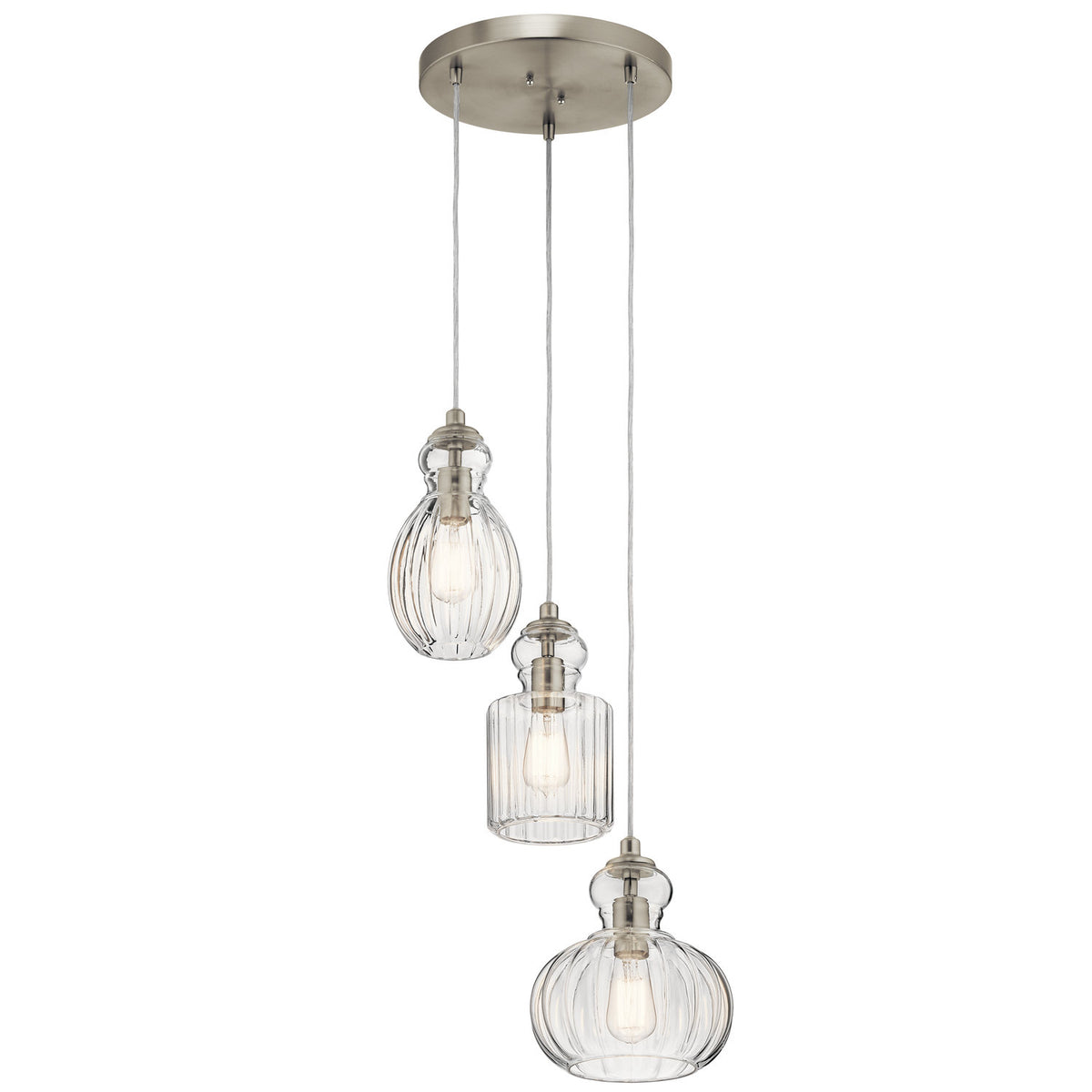 3-Light Cluster Pendant in Brushed Nickel with Clear Ribbed Glass