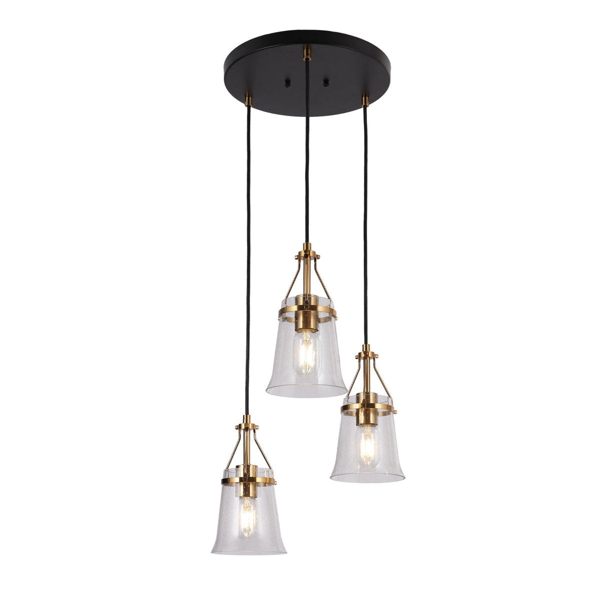 3-Light Cluster Pendant Light with Seeded Glass Shades in Black