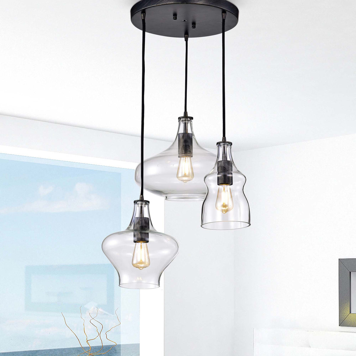 3-Light Cluster Pendant with Clear Glass Shades in Black Metal