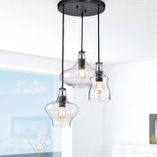 3-Light Cluster Pendant with Clear Glass Shades in Black Metal
