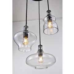 3-Light Cluster Pendant with Clear Glass Shades in Black Metal