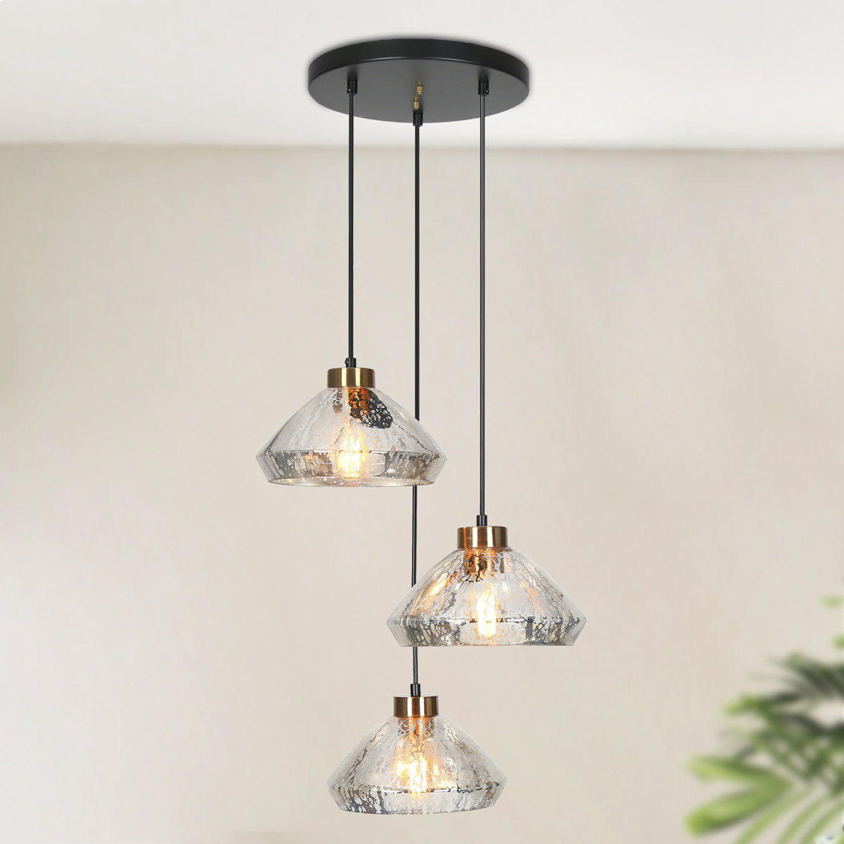 3-Light Cluster Pendant with Glass Cone Shades in Matte Black and Gold