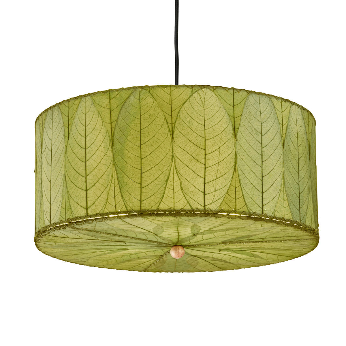 3-Light Drum Chandelier with Green Cocoa Leaf Shade and Black Metal Frame