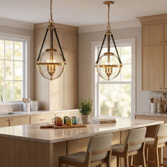 3-Light Pendant with Seeded Glass Globe Shade in Brass