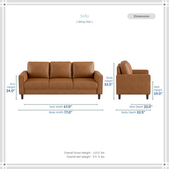 3-Seat Sofa, 77 In Wide, Brown Faux Leather with Square Arms