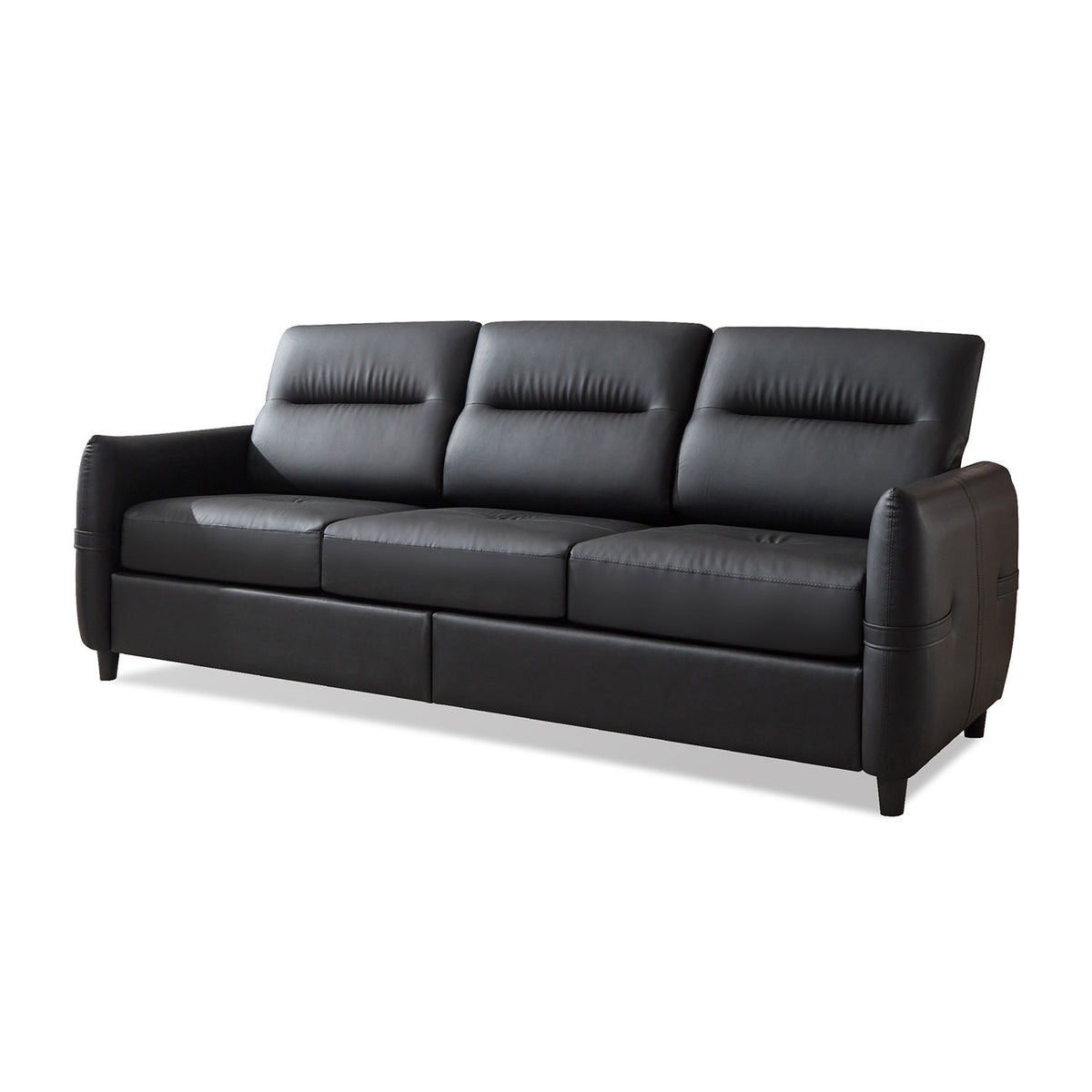 3-Seat Sofa, Black Faux Leather, Round Arms, 2 USB Ports