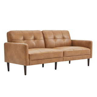 3-Seat Sofa, Brown Faux Leather with Espresso Solid Wood Legs